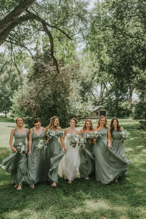 Sage Green Wedding Theme, Sage Green Wedding Colors, Sage Green Bridesmaid, Green Wedding Theme, Green Bridesmaid Dress, Women Standing, Sage Green Bridesmaid Dress, Green Themed Wedding, Green Wedding Colors