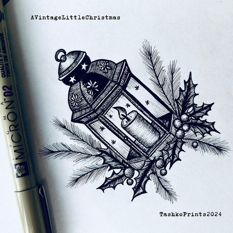 I’ve always loved the simple beauty of vintage black and white (hand-drawn) Christmas cards. There’s something so nostalgic and heartwarming about old-fashioned illustrations. That’s why I decided to draw these little scenes: a lantern with holly, a candle with a golden flame, and a pair of cozy mittens. No big stories, but little ✨sprinkles of nostalgia ✨😉 I hope you like ‘em 💙 ‘Tis almost the season to be Jolly, Decorate your home with garlands and holly. Candles to count down the 4 adve... Lantern Drawing Vintage, Christmas Candle Drawing, Ink Christmas Cards, Hand Drawn Christmas Cards, Lantern Drawing, Lantern Tattoo, Candle Drawing, Old Candles, Vintage Black And White