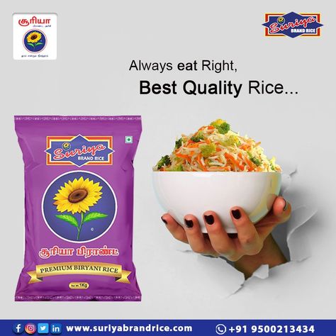 Premium Biryani Rice ✅Always Eat Right Best Quality Rice Visit us at- www.suriyabrandrice.com ☎Contact Number- 095002 13434 #suriyabrand #suriyabrandrice #brandrice #RajabogamRice #healthy #naturalfoodproducts #agriculture #tastethefreedom #tasteofindia #healthylifestyle #Suriya #brandrice #premium #biryani #biryanirice #rice Rice Ads, Rice Brands, Biryani Rice, Social Media Branding Design, Water Branding, Food Advertising, Food Ads, Graphic Design Background Templates, Creative Poster Design