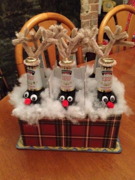 Booze Gifts Christmas, Brother In Law Gag Gifts, Wrapping Beer Bottles Gift, Reindeer Beer Bottles, Decorated Beer Bottles, Beer Christmas Gift Ideas, Beer Bottle Gift Ideas, Beer Box Gift Ideas, Christmas Beer Gifts