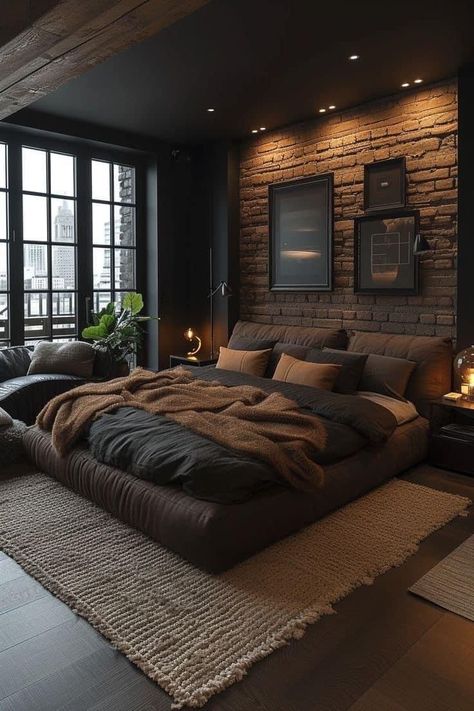 Best House Design Interiors, Dark Color Bedding Ideas, Wooden Bedroom Ideas Interiors, Dark Modern Master Room, Minimal Industrial Bedroom, Dark Wood Interior Design Bedroom, Large Media Room Ideas, House Design Dark Wood, Bedroom No Carpet