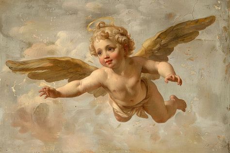 Old Angel Paintings, Angels Oil Painting, Cherub Flying, Angle Painting, Cherub Painting, Cupid Art, Angel Baby Art, Cupid Cherub, Cherub Art