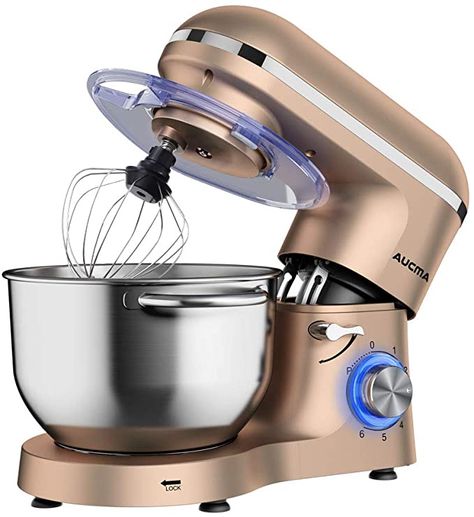 Amazon.com: Aucma Stand Mixer, 6.5-QT 660W 6-Speed Tilt-Head Food Mixer, Kitchen Electric Mixer with Dough Hook, Wire Whip & Beater (6.5QT, Champagne): Appliances Kitchenette Appliances, Best Stand Mixer, Food Mixer, Mixer Attachments, Tilt Head, Stainless Steel Mixing Bowls, Electric Foods, Pasta Maker, Blue Led Lights