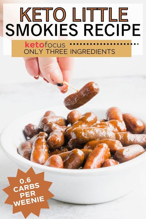 A hand holding a toothpick stuck little smokie over a bowl of smokies. Keto Lil Smokies, Smokie Recipe, Little Weenies Recipe, Lil Smokies Recipes, Sugar Free Bbq Sauce, Keto Appetizer Recipes, Little Smokies Recipes, Keto Easter, Cocktail Weenies