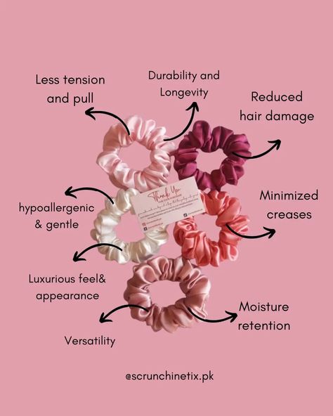 Upgrade your hair game with silk scrunchies! Say goodbye to hair breakage and hello to luxurious, gentle hold. Make the switch today for healthier, happier hair! 💁‍♀️ 🖇️ In bio to shop or DM us to place order right away 🩷 #silkscrunchie #silkscrunchiepakistan #silkscrunchies Scrunchies Small Business, Scrunchie Size Chart Diy, Scrunchie Branding, Scrunchie Business Packaging, Scrunchies Photography Ideas, Scrunchie Packaging Ideas, Flea Market Poster Design, Scrunchies Packaging Ideas, Scrunchie Packaging