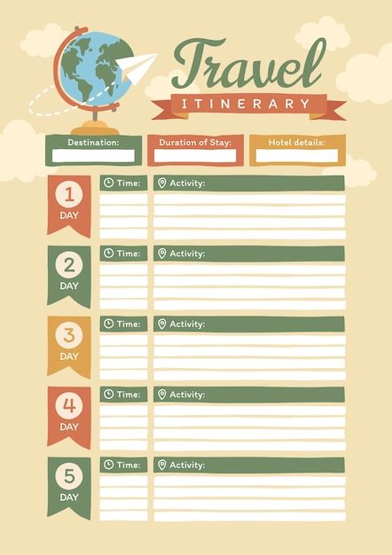 Travel itinerary design template | Free Vector #Freepik #freevector #travel-itinerary #itinerary #trip #holiday-travel Itenery Template, Travel Itenary Planner, Itenerary Travel Design, Travel Itinerary Template Printable Free, Travel Itenary Template, Travel Itinerary Design, Travel Planner Journal, Trip Planner App, Travel Template