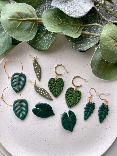 Nature Polymer Clay Earrings, 3d Polymer Clay Earrings, Nature Clay Earrings, Garden Clay Art, Clay Plant Accessories, Polymer Clay Leaf Earrings, Plant Polymer Clay Earrings, Polymer Clay Plant Earrings, Beginner Polymer Clay Earrings