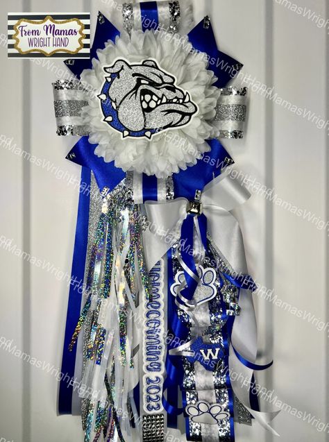 Wortham Homecoming Mum Blue, White and Silver. #bulldogs Blue Mums Homecoming, Mums Homecoming, Homecoming Mums, Garters, Cut Outs, Homecoming, Blue White, Blue And White, Silver