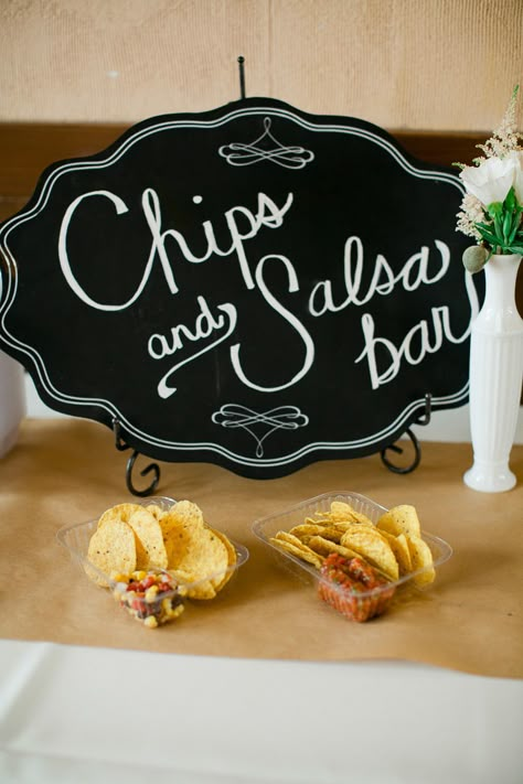 Chips and salsa bar. Photography: Luke And Cat Photography - lukeandcat.com  Read More: http://www.stylemepretty.com/wyoming-weddings/cheyenne/2014/01/02/cheyenne-depot-museum-wedding/ Salsa Bar Ideas Wedding, Wedding Cocktail Hour Chips And Salsa, Wedding Salsa Bar Ideas, Chips Salsa Bar Wedding, How To Serve Individual Chips And Salsa, Midnight Snack For Wedding, Wedding Chips And Salsa, Midnight Wedding Snack, Mexican Food Bar Wedding