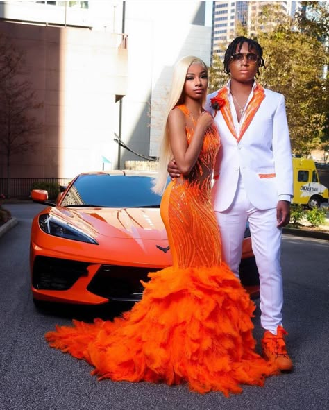 Orang Prom Dresses, Orange Prom Send Off Ideas Decorations, Orange And Grey Prom Dress, Orange And Gray Prom Couple, Orange And White Prom Dress, Cute Prom Colors For Couples, Orange And White Prom Couples, Orange Tuxedo Prom, Prom Couples Orange