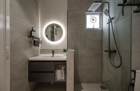 Hougang Street 32 | HDB (2024) by Ovensands | Qanvast Hdb Bathroom Design, Bto Toilet, Hdb Toilet, Singapore House, Foyer Mirror, Retreat Themes, Painted Paneling Walls, Renovation Budget, Interior Design Singapore