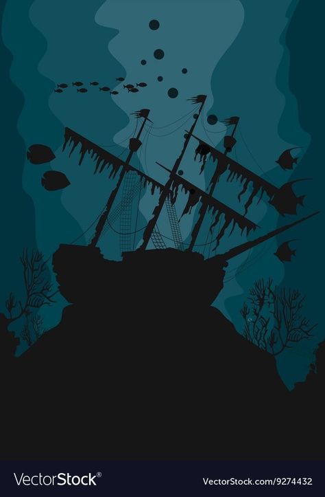 Sunken Ship Silhouette, Sunken Ship Illustration, Sunken Ship Art, Shipwreck Silhouette, Kraken Mural, Sunken Ship Drawing, Ship Underwater, Sunken Ship Tattoo, Sunken Pirate Ship