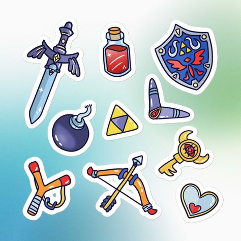 The items over The Legend of Zelda’s history are so iconic that we were inspired to make our own pattern with many of the items. No matter when in your life you’ve trekked Hyrule, these are surely to remind you of your adventure. A wonderful gift for the gamer in your life. Check out store for more fun sticker designs and other products with these Zelda inspired illustrations! Legend Of Zelda Items, Zelda Items, Zelda Icon, Zelda Gifts, Zelda Video Games, Zelda Tattoo, Manga Coloring Book, Bujo Planner, Bookmark Craft