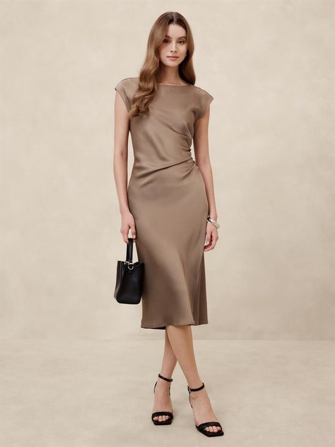 Banana Republic Factory Shirred-Side Satin Midi Dress Winter Shopping, Mocha Latte, Essential Dress, Satin Midi Dress, Banana Republic Factory, Material Girls, Modest Outfits, Satin Dresses, Boat Neck