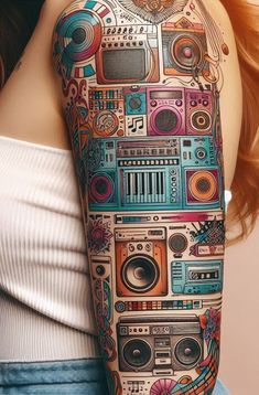 80s Music Tattoo, Volume Tattoo, House Music Tattoo, Speaker Tattoo, Music Themed Tattoos, Boombox Tattoo, Music Inspired Tattoos, Music Tats, Music Lover Tattoo