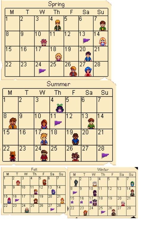 Stardew Valley Calendar, Stardew Valley