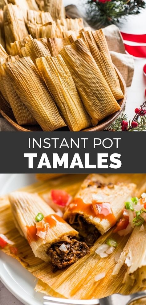 Instant Pot Tamales filled with tender pork in a red chile sauce. Thanks to being cooked in an Instant Pot pressure cooker, they're done in only half the time compared to the usual preparation on the stove! Instant Pot Tamales Cook Time, Instant Pot Tamales, Tamale Sauce, Tamale Recipes, Tamale Filling, Isabel Eats, Tamales Recipe, Pork Tamales, Red Chile Sauce