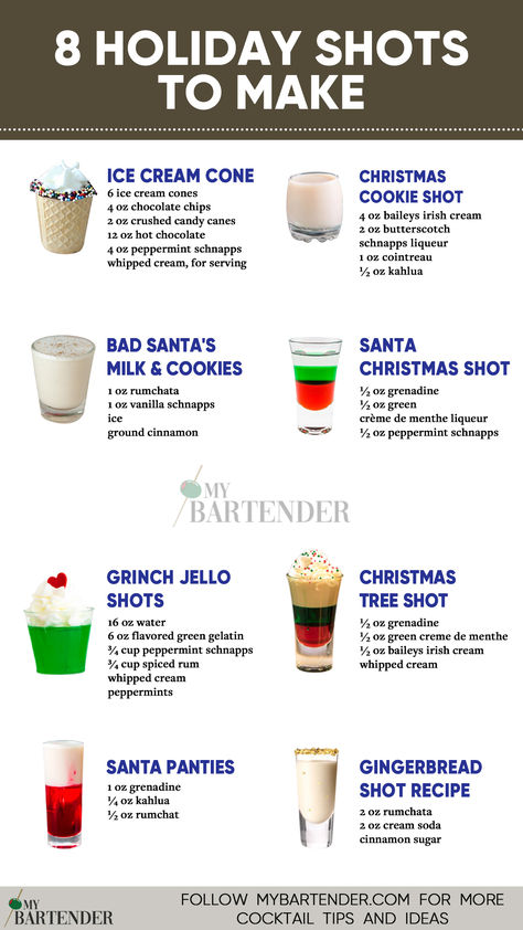 Holiday Shots Fun Bar Shots, Most Popular Alcohol Shots, Holiday Themed Alcoholic Drinks, Holiday Drinks For Party, Party Drink Recipes Alcoholic, Christmas Alcohol Drinks For Adults, Christmas Drinks Shots, Santa Panties Drink, Xmas Shots Alcohol