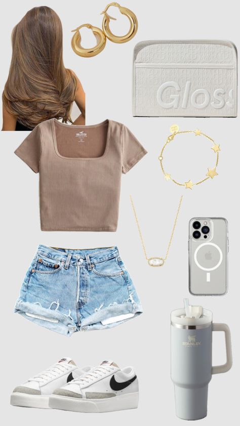 #outfitinspo Casual Summer Outfits School, Cute Outfits 2024, Outfit Inspo For Teens, Teenager Outfits Summer, Clean Girl Summer Outfits, Clean Girl Outfits Summer, Cute Fits For Summer, May Outfits, Basic Summer Outfits