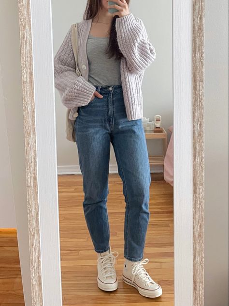 Spring outfit, lavender cardigan, mom jeans, off white chuck taylor #fashioninspo #classicstyle #neutraloutfit #casualstyle #minimaloutfit #parisianstyle #streetstyle #outfitideas #neutralstyle #ootdfashion #outfitinspiration #cardiganoutfit #springoutfit #whitechucktaylor #whiteconverse Cardigan And Mom Jeans Outfit, Lavender Cardigan Outfit, Lavender Cardigan, Edgy Vibes, Jeans Cardigan, Mom Jeans Outfit, Cardigan Outfit, Outfit Styling, Casual Workwear