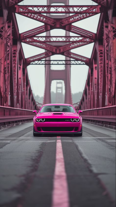 Pink Dream Hellcat | Golden Gate Bridge #art #hellcat #hellcatchallenger #dodgechallenger #cars #artoftheday #goldengatebridge #aesthetic Hellcat Aesthetic, Pink Challenger, Pink Hellcat, Golden Gate Bridge Art, Car Background, Car Iphone Wallpaper, Dodge Charger Hellcat, Dodge Challenger Hellcat, Dodge Challenger Srt Hellcat