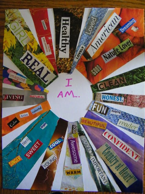 "I Am..." Collage Art Project need to do this with the kids and see how they change in a year I Am Collage, Recreation Therapy, Art Therapy Projects, Collage Art Projects, Therapeutic Activities, Group Art, Art Therapy Activities, Activities For Adults, Group Therapy