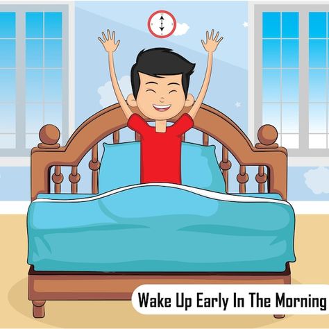 Vector illustration of boy waking up in ... | Premium Vector #Freepik #vector #book-page #early-rise #modern-aesthetics-early-rise #early-bed-early-rise-quotes Early To Bed Early To Rise, Wakeup Early, Rise Quotes, Bed Early, Wake Up Early, Good Morning Animation, Most Popular Books, 3d Photo, Kids Poster