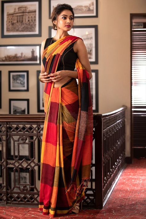 Multicolor Checkered Pure Cotton Saree Cotton Saree Blouse Designs, Cotton Saree Blouse, Checks Saree, Tattoo Trend, Chique Outfit, Indian Sari Dress, Blouse Back Neck Designs, Modern Saree, Indian Saree Blouses Designs