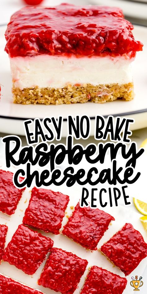 If you're in the mood for a delightful dessert that's easy to make and irresistibly delicious, try our No-Bake Raspberry Cheesecake recipe! This dessert features a rich, creamy cheesecake texture paired with a fresh, zesty burst of raspberries, all atop a luscious graham cracker crust. Best of all, there's no need to turn on your oven!  #NoBakeDesserts #RaspberryCheesecake #EasyRecipes #DessertIdeas #SweetTreats Gameday Desserts, No Bake Raspberry Cheesecake, Cheesecake Raspberry, Raspberry No Bake Cheesecake, Raspberry Cheesecake Bars, Raspberry Desserts, Raspberry Cookies, Homemade Cheesecake, Baked Cheesecake Recipe