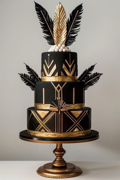 Art Deco Glamour: A 1920s Inspired Birthday Cake Masterpiece Art Deco Cakes, 1920s Cake Ideas, Art Deco Cake Birthday, 1920s Cake, Great Gatsby Cake, Glamour Birthday, Gatsby Cake, Art Deco Wedding Cake, Black And Gold Cake