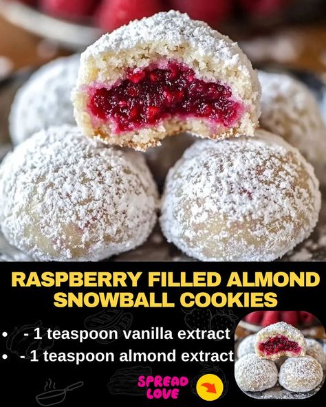 Raspberry Filled Almond Snowball Cookies Almond Snowball Cookies, Sugar Cookie Recipe For Decorating, Almond Cookie, Almond Meal Cookies, Raspberry Cookies, Party Food Dessert, Raspberry Almond, Snowball Cookies, Jam Cookies