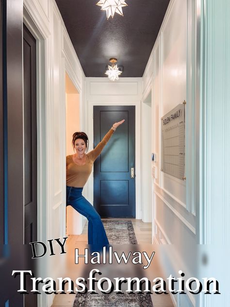 Narrow Hallway With Door At The End, How To Make A Hallway Look Wider, Painted Ceiling In Hallway, Split Entryway, Painted Hallway Doors, Hallway Makeover Before And After, Long Narrow Hallway Ideas, Dark Hallway Ideas, Long Hallway Ideas