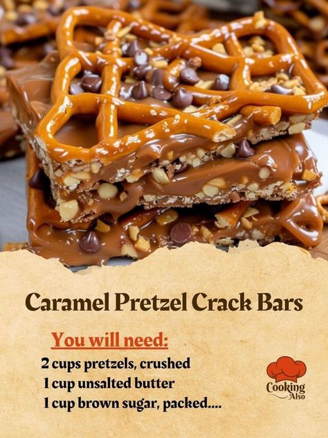 My Grandma's Treasured Recipes 🥘👩‍🍳 | Caramel Pretzel Crack Bars | Facebook Pretzel Bars, Baked Desserts, Baked Caramel, Caramel Pretzels, Salty Treats, Jamie Oliver Recipes, Easy No Bake, No Bake Bars, Caramel Recipes