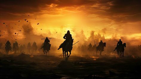 Warriors on foggy sunset background fighting in a medieval battle scene with cavalry and infantry Gamer Outfit, Medieval Battle, Warrior Images, Army Poster, Battle Scene, Scary Dogs, Karbala Photography, Romantic Images, Sunset Background