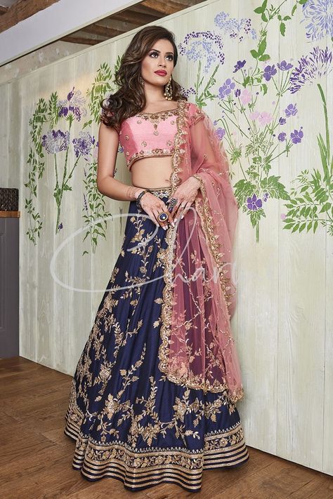 Navy Blue And Pink Party, Navy Blue And Pink Outfit, Diamond Lehenga, Blue And Pink Party, Blue And Pink Outfit, Baby Pink Blouse, Navy Blue Outfit, Reception Outfit, Navy Blue And Pink