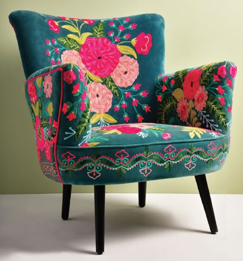 Bohemian Chair, Floral Armchair, Teal Chair, Funky Chairs, Early Settler, Upholstery Ideas, Comfortable Armchair, Upholstered Chair, Blue Chair