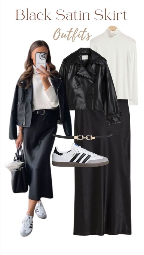 Black Satin Skirt Outfit, Black Midi Skirt Outfit, Mode Adidas, Looks Adidas, Satin Skirt Outfit, Black Satin Skirt, Samba Outfit, Chique Outfit, Summer Work