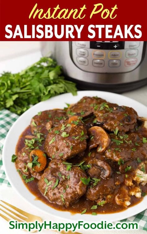 Instant Pot Salisbury Steaks are delicious beef patties that are well seasoned and cooked in a fabulous mushroom-onion gravy. Serve this fantastic pressure cooker Salisbury Steak recipe over creamy mashed potatoes for a tasty, satisfying meal. simplyhappyfoodie.com #instantpotsalisburysteak #salisburysteak #pressurecookersalisburysteak Instant Pot Salisbury Steak, Salisbury Steaks, Salisbury Steak Recipe, Beef Patties, Onion Gravy, Salisbury Steak, Beef Patty, Steak Recipe, Creamy Mashed Potatoes