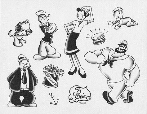 Popeye Traditional Tattoo, Popeyes The Sailor Man Tattoo, Popeye Tattoo Design, Popeye And Olive Oil Tattoo, Old School Disney Tattoo, Popeye Tattoo Old School, Popeyes Tattoo, Popeye The Sailor Man Tattoo, Vintage Cartoon Black And White