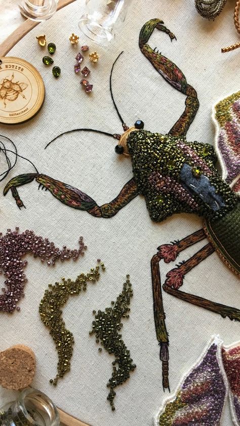 Michele Carragher: Stitching History and Fantasy | SofST Michele Carragher Embroidery, Michelle Carragher Embroidery, 3 Dimensional Embroidery, Beetle Embroidery, Paint And Embroidery, Michele Carragher, Felt Artists, Bead Bugs, Beaded Insects