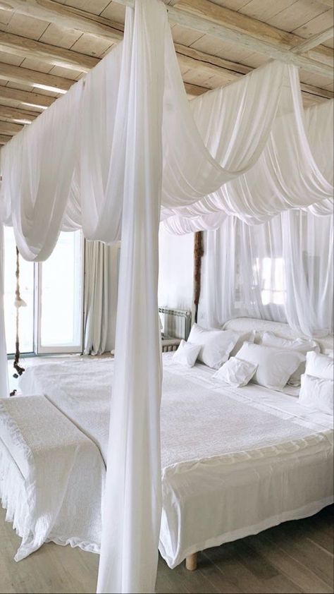 Elegant Bed Canopy, Hanging Bed Curtains, Cycladic Interior Design, Mirror In Front Of Bed, Curtains Above Bed, Heavenly Bedroom, Bed Canopy Curtains, Canopy Bedroom, Hal Decor