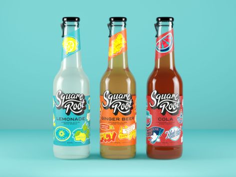 Square Root Soda rebrand Bottle Lables, Soda Labels, Beer Packaging Design, Creative Typography Design, Soda Drink, Drinks Packaging Design, Bottle Design Packaging, Bottle Label Design, Consumer Packaging