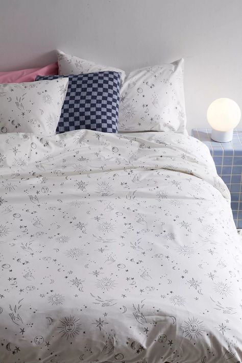 Celestial Sketch, Urban Outfitters Bedding, Celestial Energy, Uni Room, Bedroom Essentials, Bedroom Space, Cotton Bedsheets, Moon And Star, Decorate Your Room