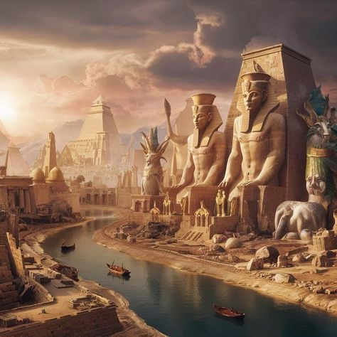 Ancient Egypt City, Fantasy Egypt, Ancient Egyptian City, Backgrounds Reference, Egypt Temple, Egyptian City, Ancient Egyptian Cities, Ancient Egyptian Architecture, Egyptian Era