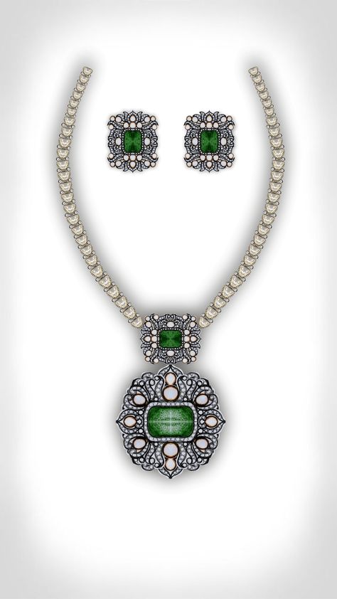 royal look antique pendant we used polki and emerald stone Emerald Polki Necklace, Polki Pendant, Diamond Eternity Wedding Band, Cluster Design, Jewellery Design Sketches, Stone Jewellery, Polki Necklace, Jewellery Sketches, Royal Look