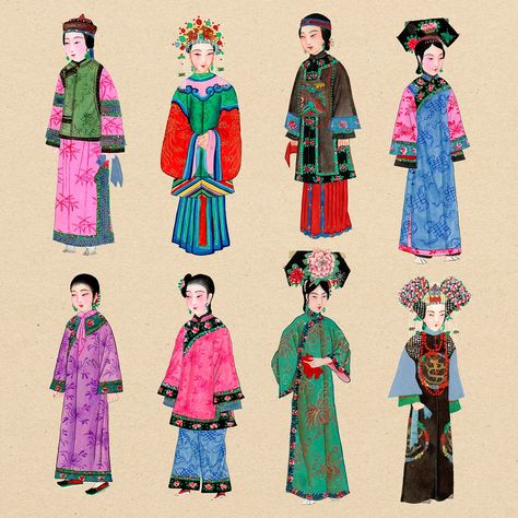 Qing Dynasty Clothing Woman, Garment Drawing, Illustration Person, Chinese Vector, Qing Dynasty Fashion, Women Vector, Qing Dynasty Clothing, Chinese Dynasties, Qing Dynasty Art