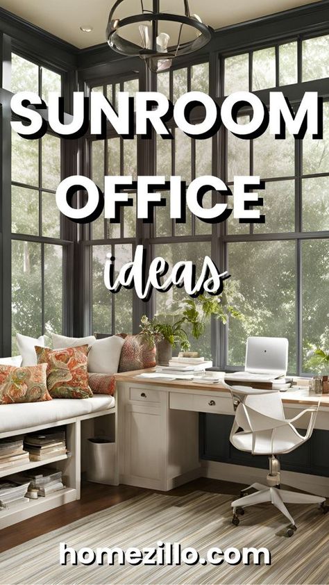 Discover 10 trending sunroom office ideas to inspire your workspace. Bright, cozy, and nature-filled designs for productivity. Home Decor Ideas Sunroom, Sunporch Office Ideas, Multipurpose Office Craft Room, Porch To Office Conversion, Sunroom Home Office Ideas, Office In Sunroom, Sunroom Office Ideas Small Spaces, Narrow Sunroom Ideas, Sunroom Bedroom Ideas