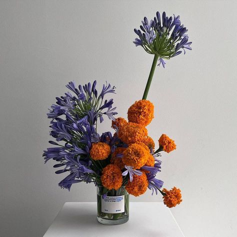 Amazing Flower Arrangements, Eccentric Flower Arrangements, Weird Flower Arrangements, Purple Vases Decor, Iranian Flowers, September Studio Flowers, Marigold Arrangements, Orange Marigolds, Orange And Purple Flowers