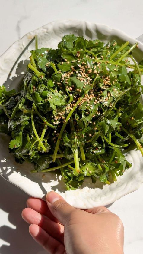 Korean Cilantro Salad, Cilantro Salad Recipes, Cilantro Seeds, Cilantro Salad, Bbq Meat, Summer Dishes, Quick Easy Dinner, Toasted Sesame Seeds, Vegan Salad