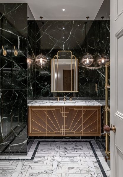 Art Deco Vanities, Gatsby Bathroom Decor, Spanish Art Deco Interior, Art Deco Ensuite, Dark Art Deco Bathroom, Great Gatsby Bathroom, Modern Art Deco Interior Bathroom, Great Gatsby Bathroom Ideas, Art Deco Bathroom Cabinet